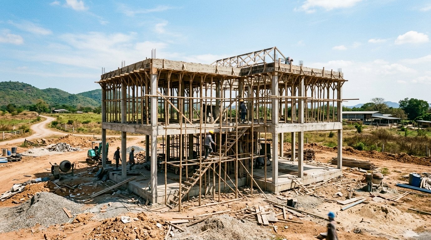 Traditional basalt stone masonry and hand-cut timber wood roof trusses under construction